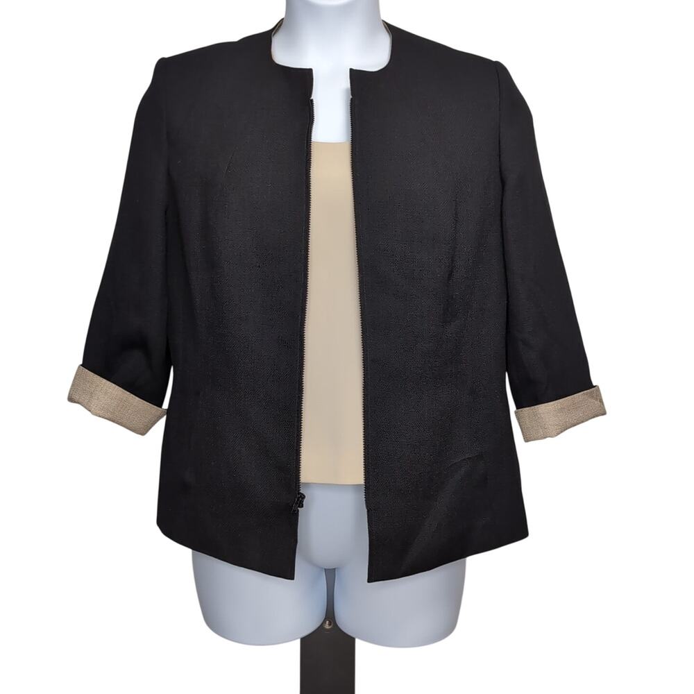 VTG Kasper Suit Jacket / Top Blouse Set Women's 14P 14 Petite Black Tan Career - Picture 2 of 16